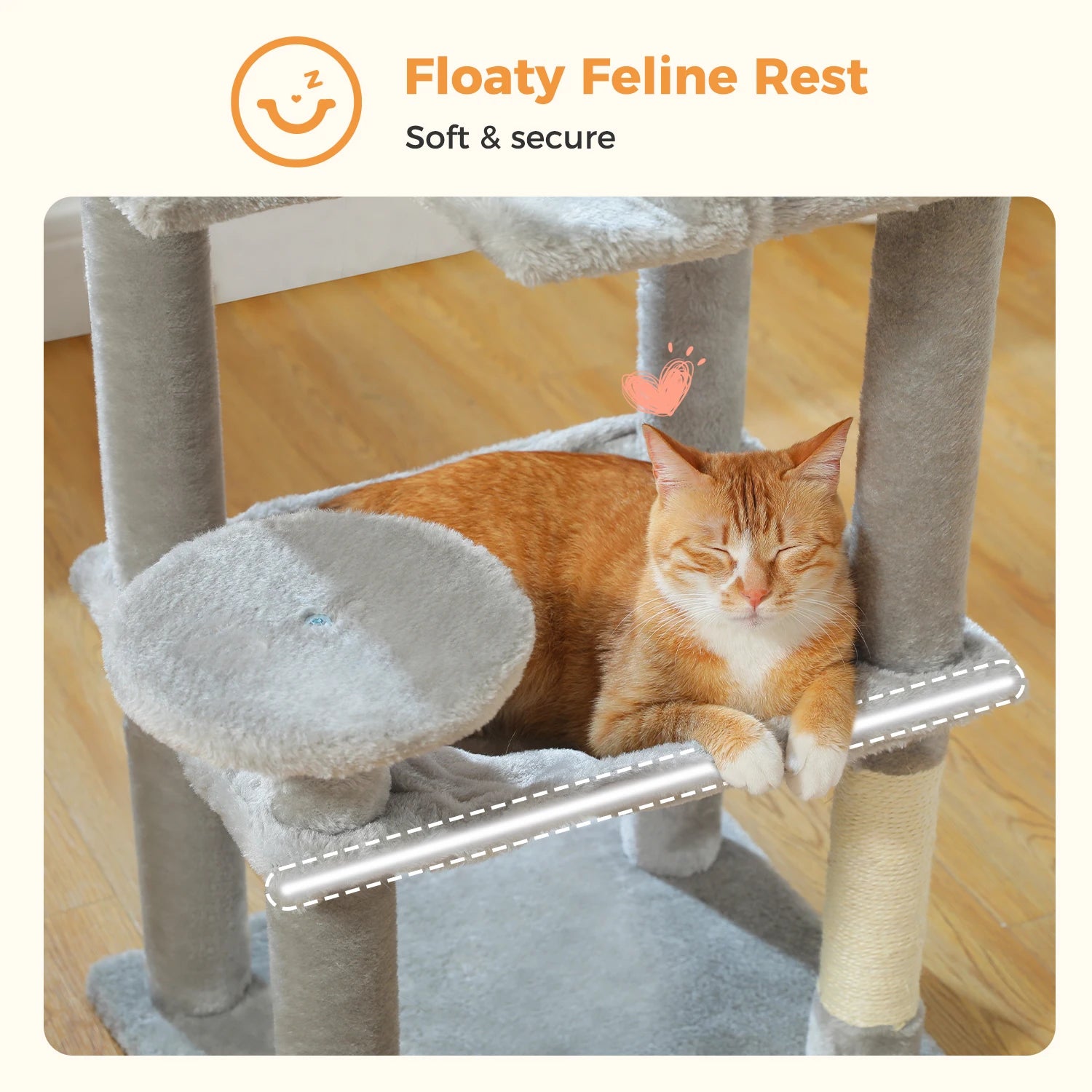 5-Level Cat Tree 113cm Cat Tower with Top Perch,Soft Condo,Natural Sisal Scratching Post,Attractive Pompom,Anti-tip kit,Hammock