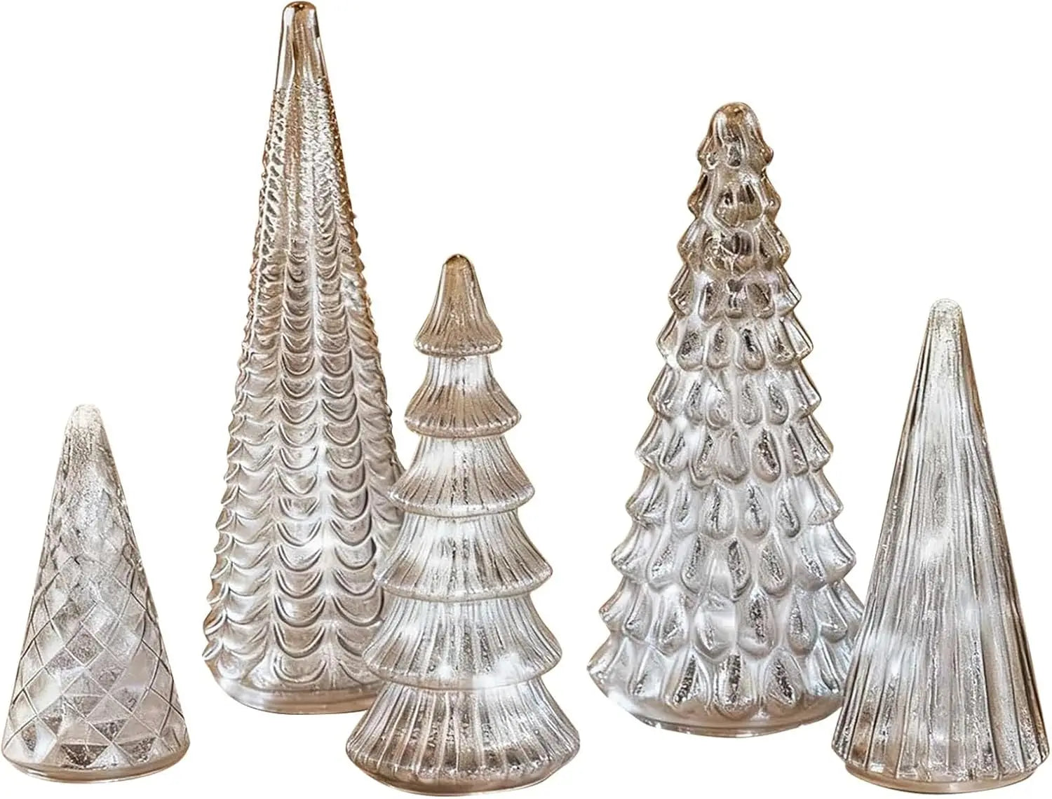 Set of 5 LED Christmas Trees, Gold, Silver