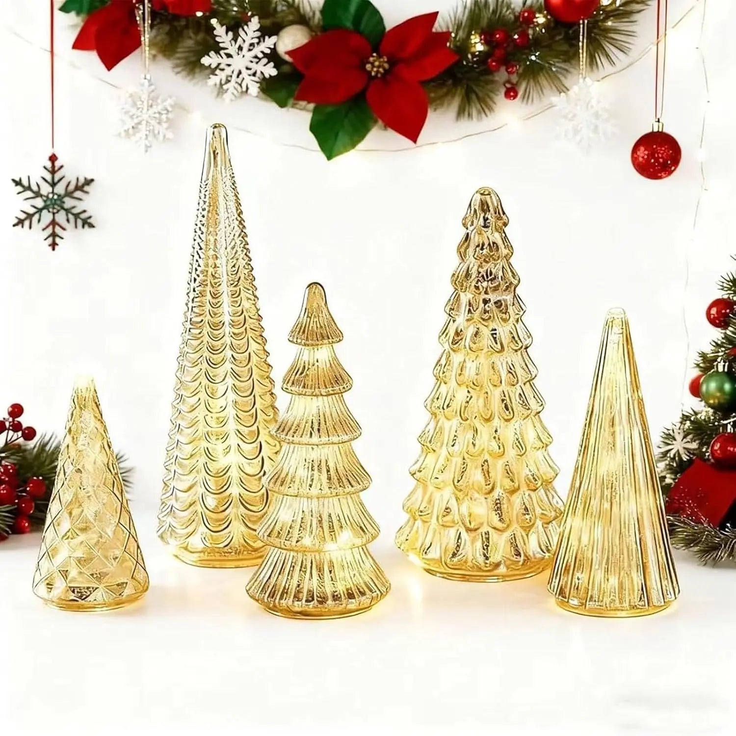 Set of 5 LED Christmas Trees, Gold, Silver