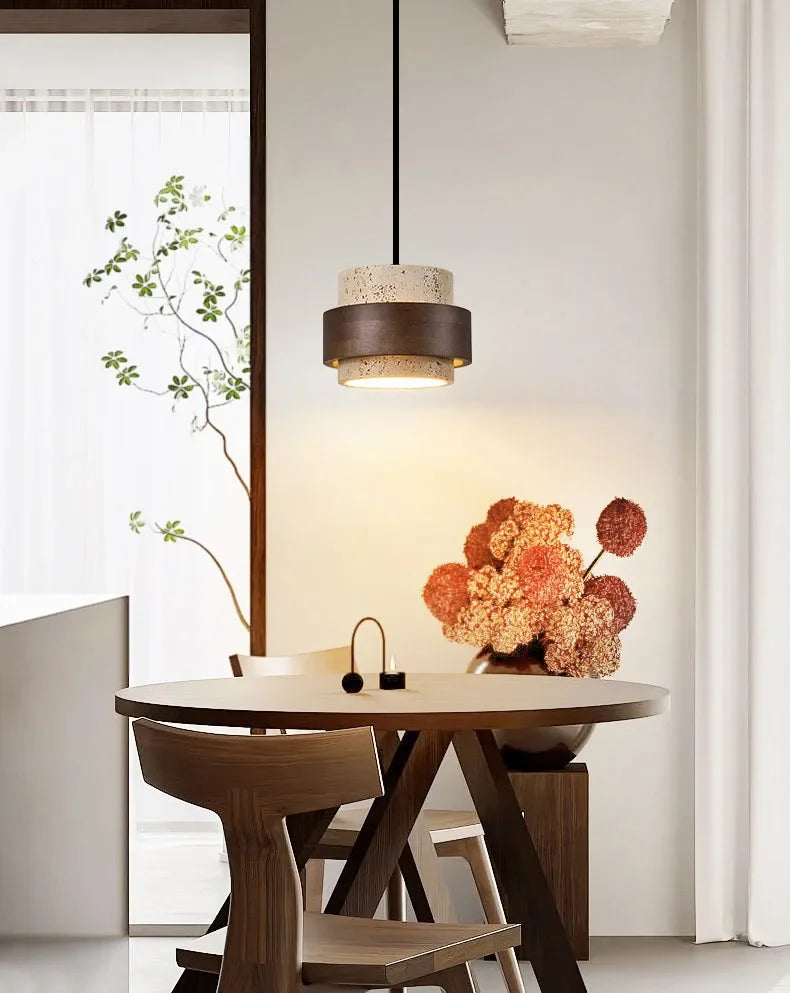 Natural Stone LED Pendant Lamp, Wood, Cord Adjustable