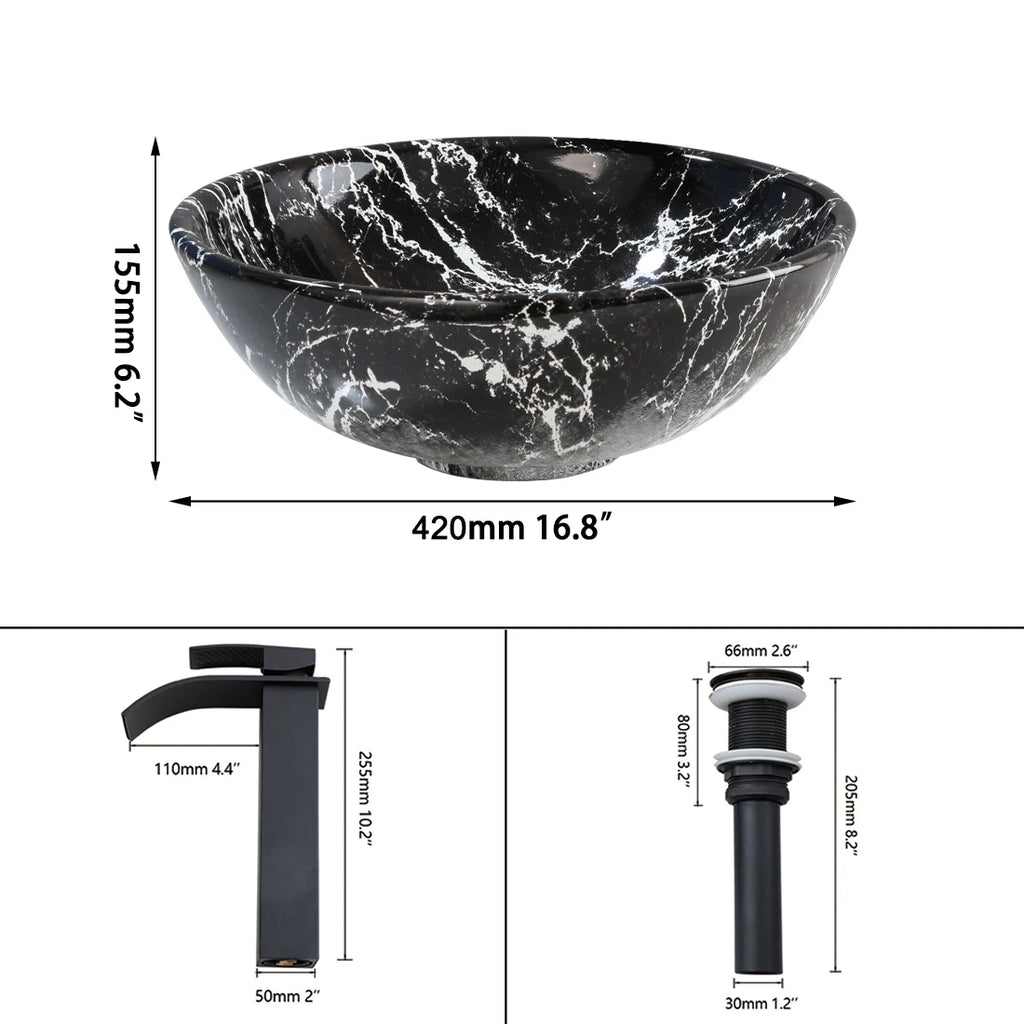 17'' Round Vessel Vanity Sink, Faucet, Drain Set