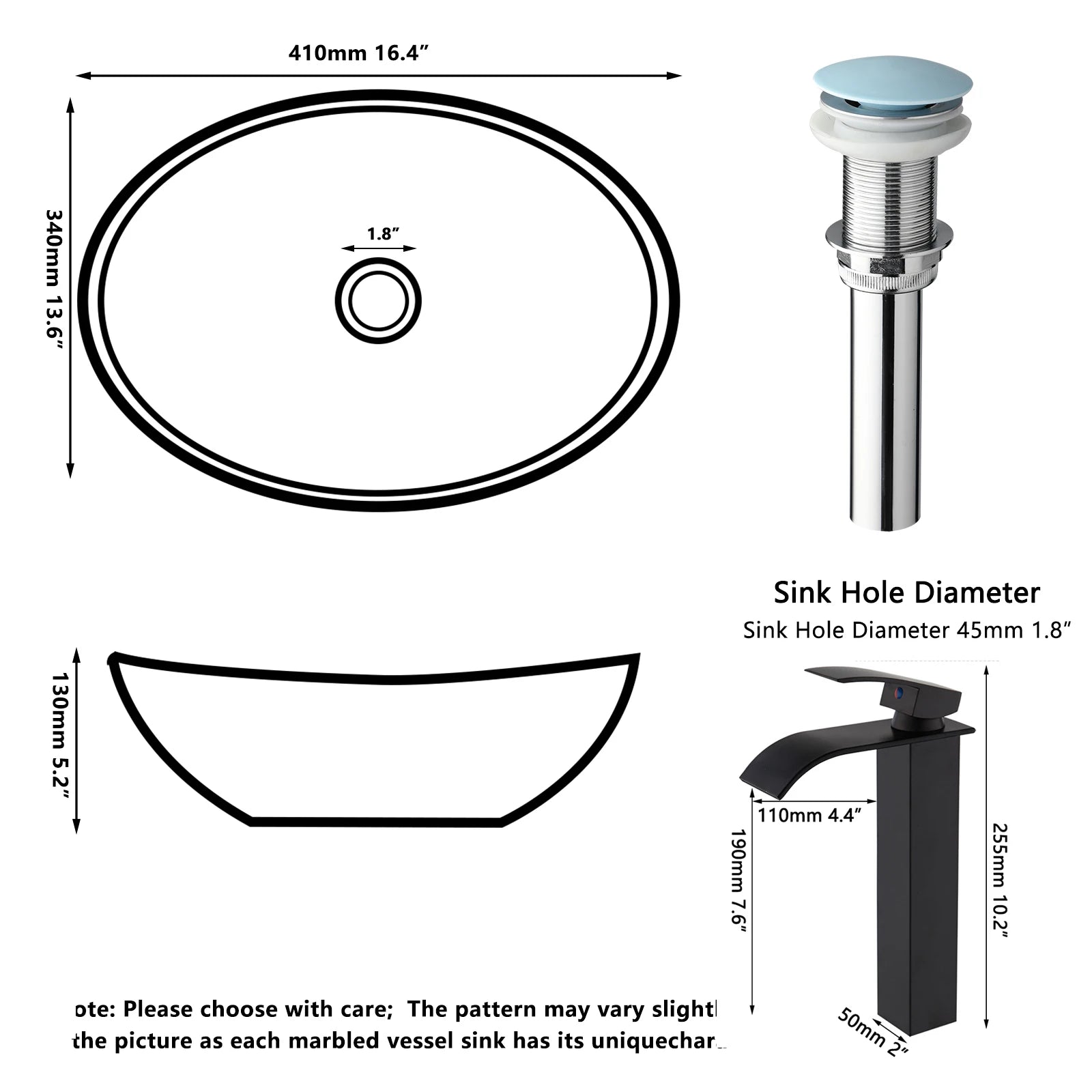 Blue Vessel Sink Deck Mounted, One Handle Faucet, Drain Set