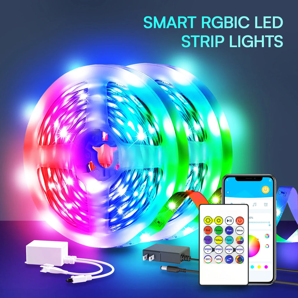 25/50/100/130ft smart LED light strip , bedroom color-changing RGB light built-in microphone can rhythm with music, su