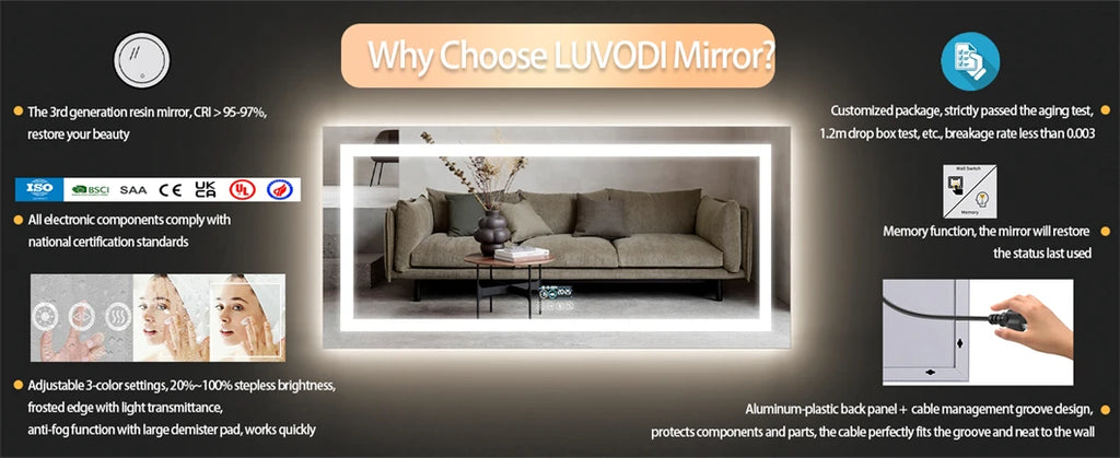 XXL Bathroom Mirror Smart LED Vanity Mirror Wall Mounted with Bluetooth, Digital Display, Back Front Lit,Anti Fog for Hotel Hall