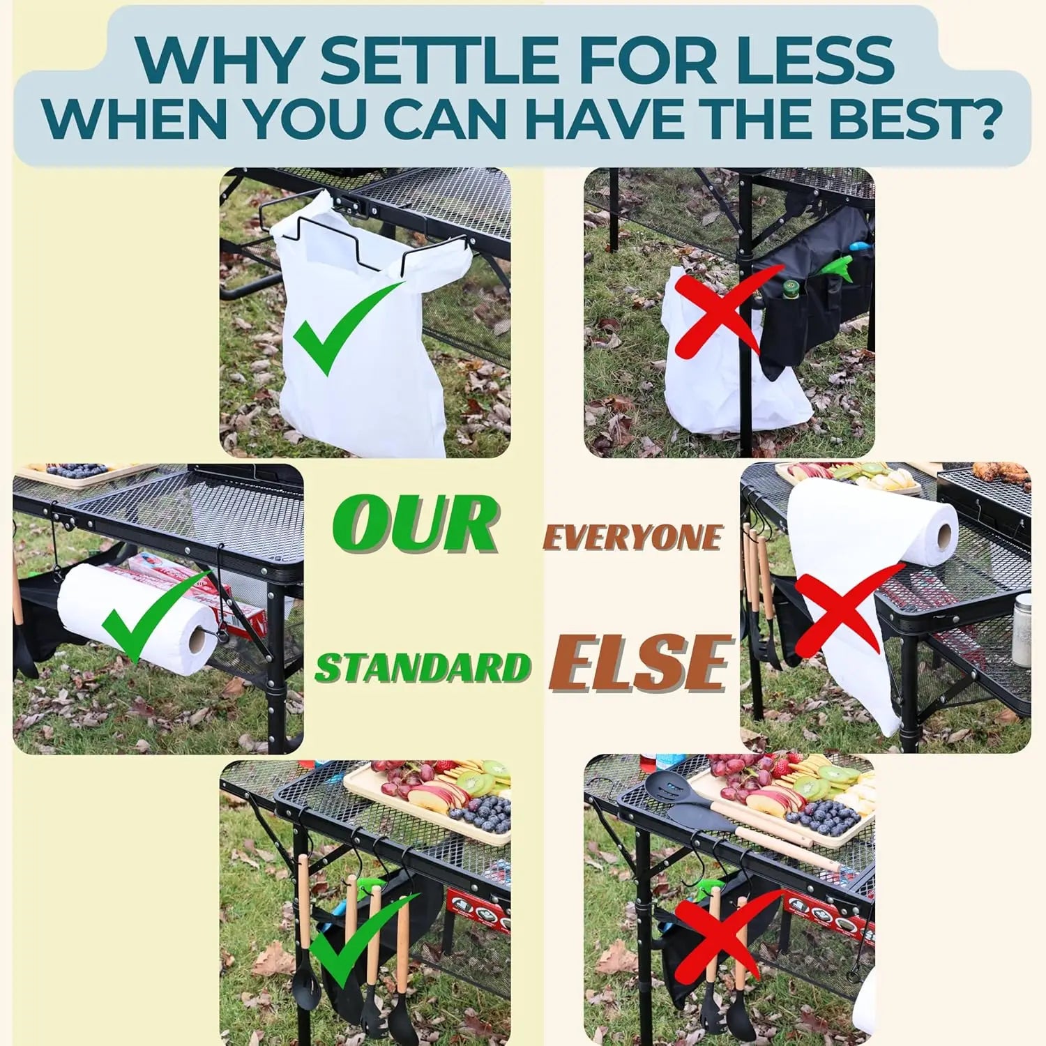 Folding Table w/ Carry Bag, Paper Towel Holder, Garbage Holder, Wing Panels, 3x2 FT Foldable Table for Portable Grill, Picnic