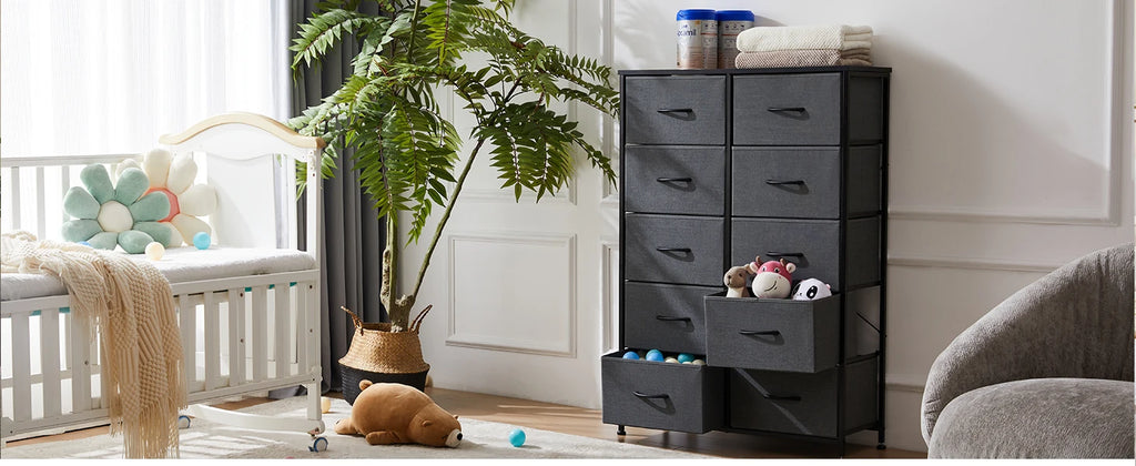 10 Fabric Drawers Nightstand Storage, Steel Frame, Clothes Storage