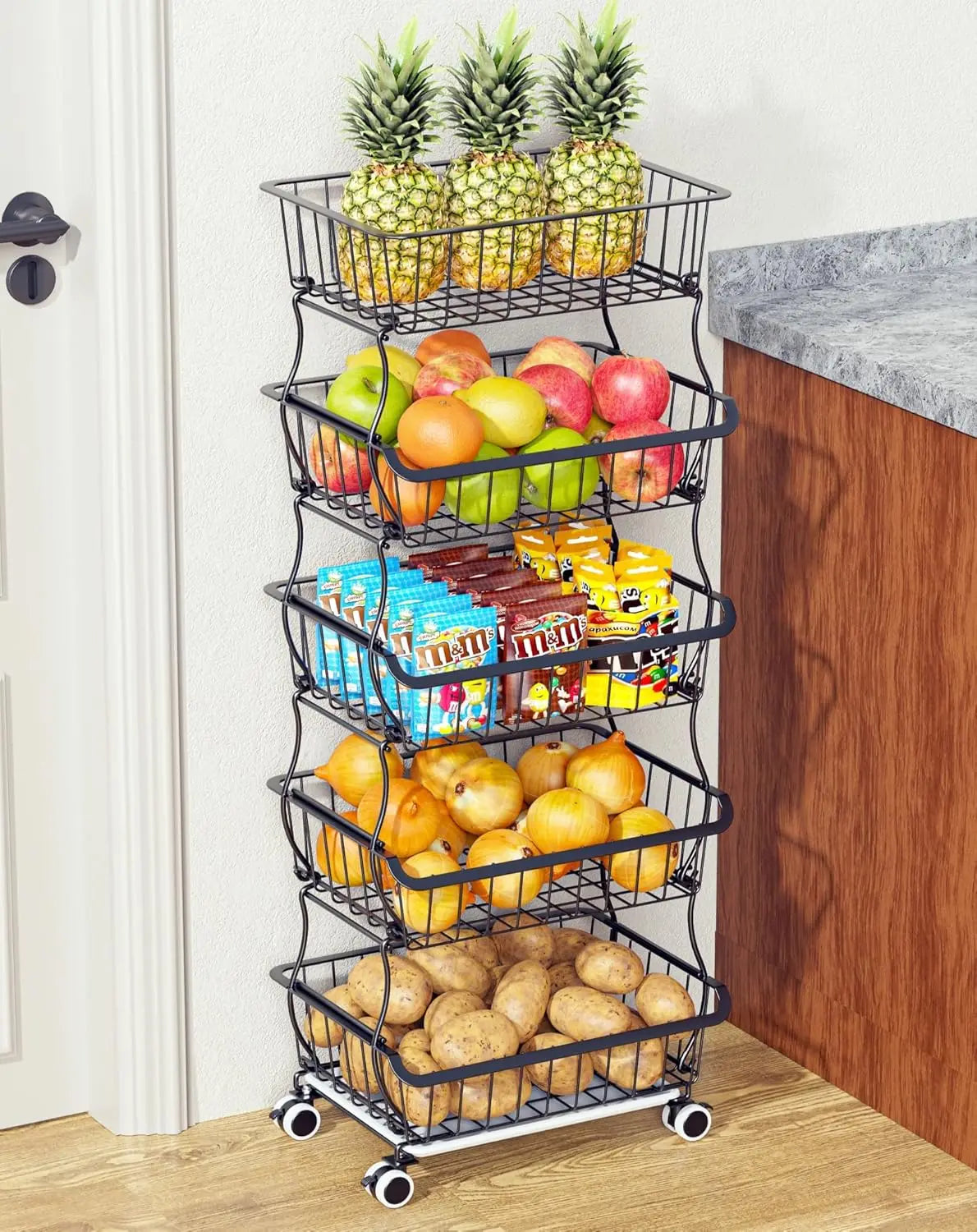 Portable Floor Organizer, Stackable Wire Pantry Baskets