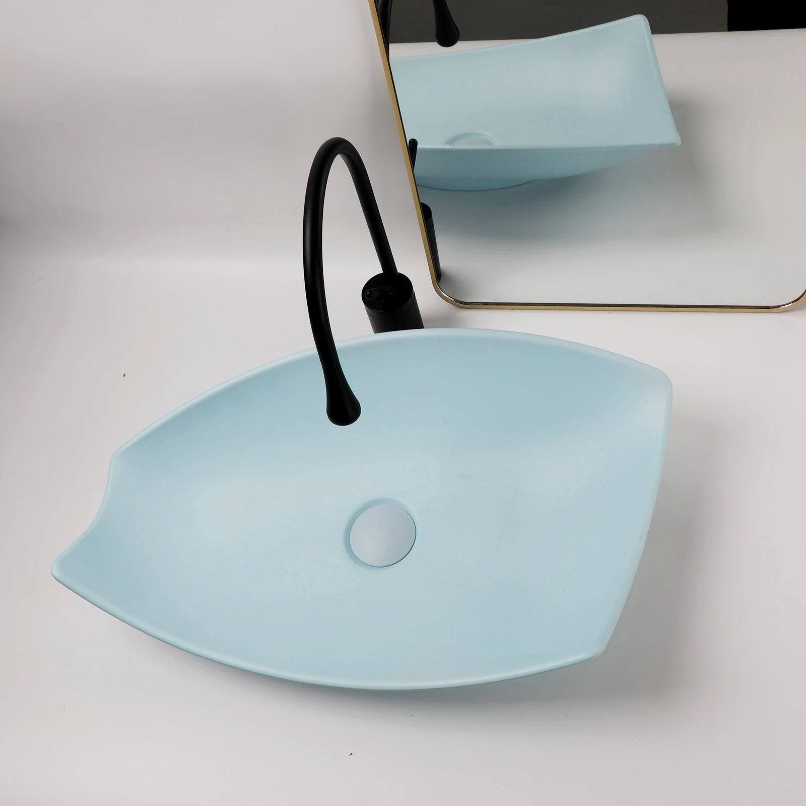 Blue Vessel Sink Deck Mounted, One Handle Faucet, Drain Set