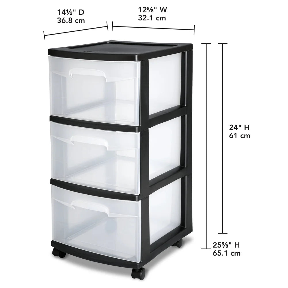 3 Drawer Plastic Storage Cart, Rolling, Portable