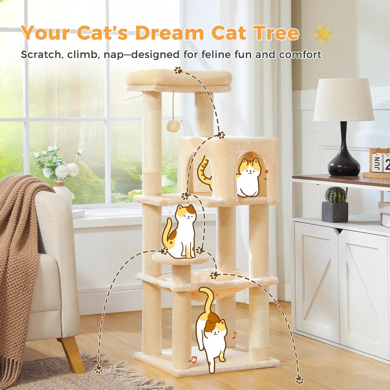 5-Level Cat Tree 113cm Cat Tower with Top Perch,Soft Condo,Natural Sisal Scratching Post,Attractive Pompom,Anti-tip kit,Hammock
