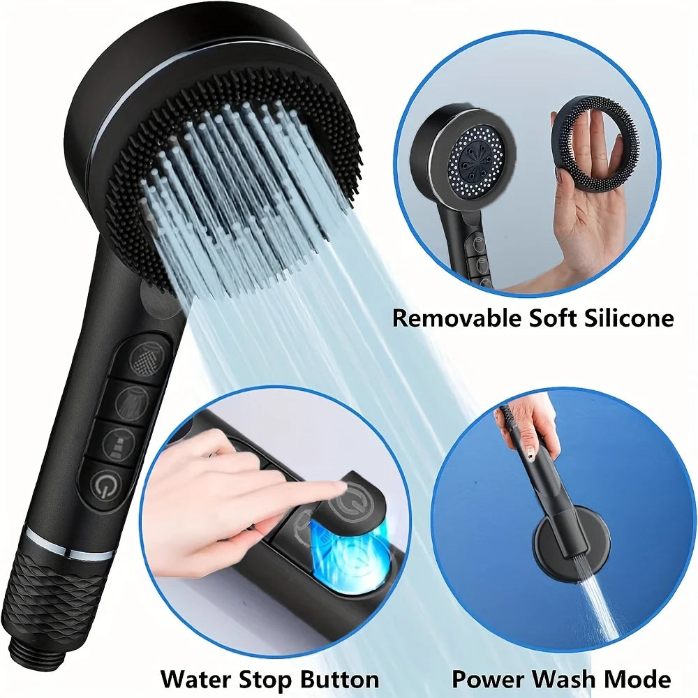 4 Modes Shower Head, Silicone Brush, High Pressure, Filter