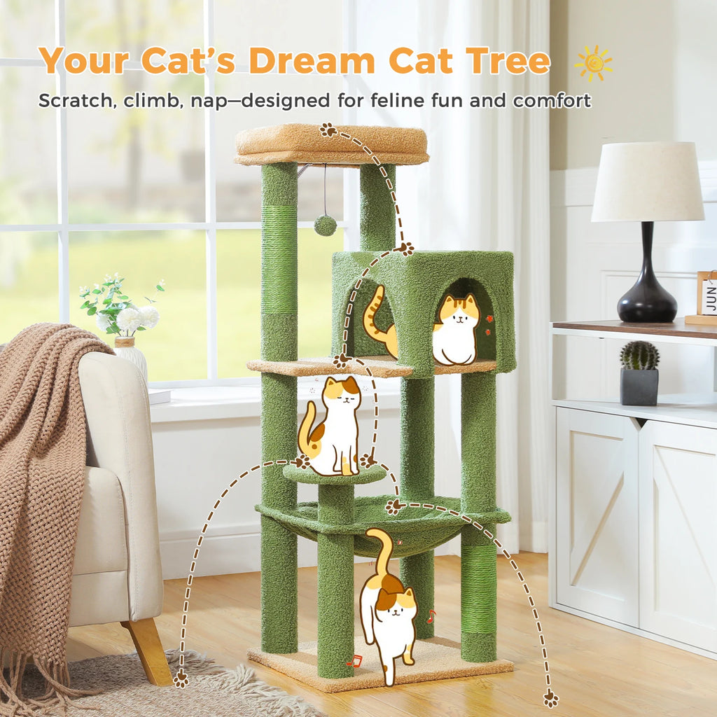 5-Level Cat Tree 113cm Cat Tower with Top Perch,Soft Condo,Natural Sisal Scratching Post,Attractive Pompom,Anti-tip kit,Hammock