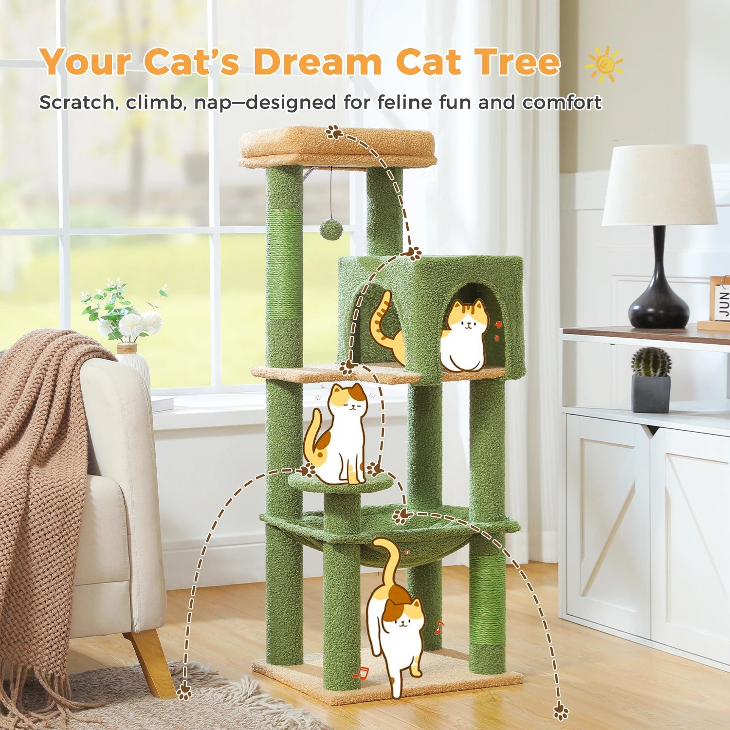 5-Level Cat Tree 113cm Cat Tower with Top Perch,Soft Condo,Natural Sisal Scratching Post,Attractive Pompom,Anti-tip kit,Hammock