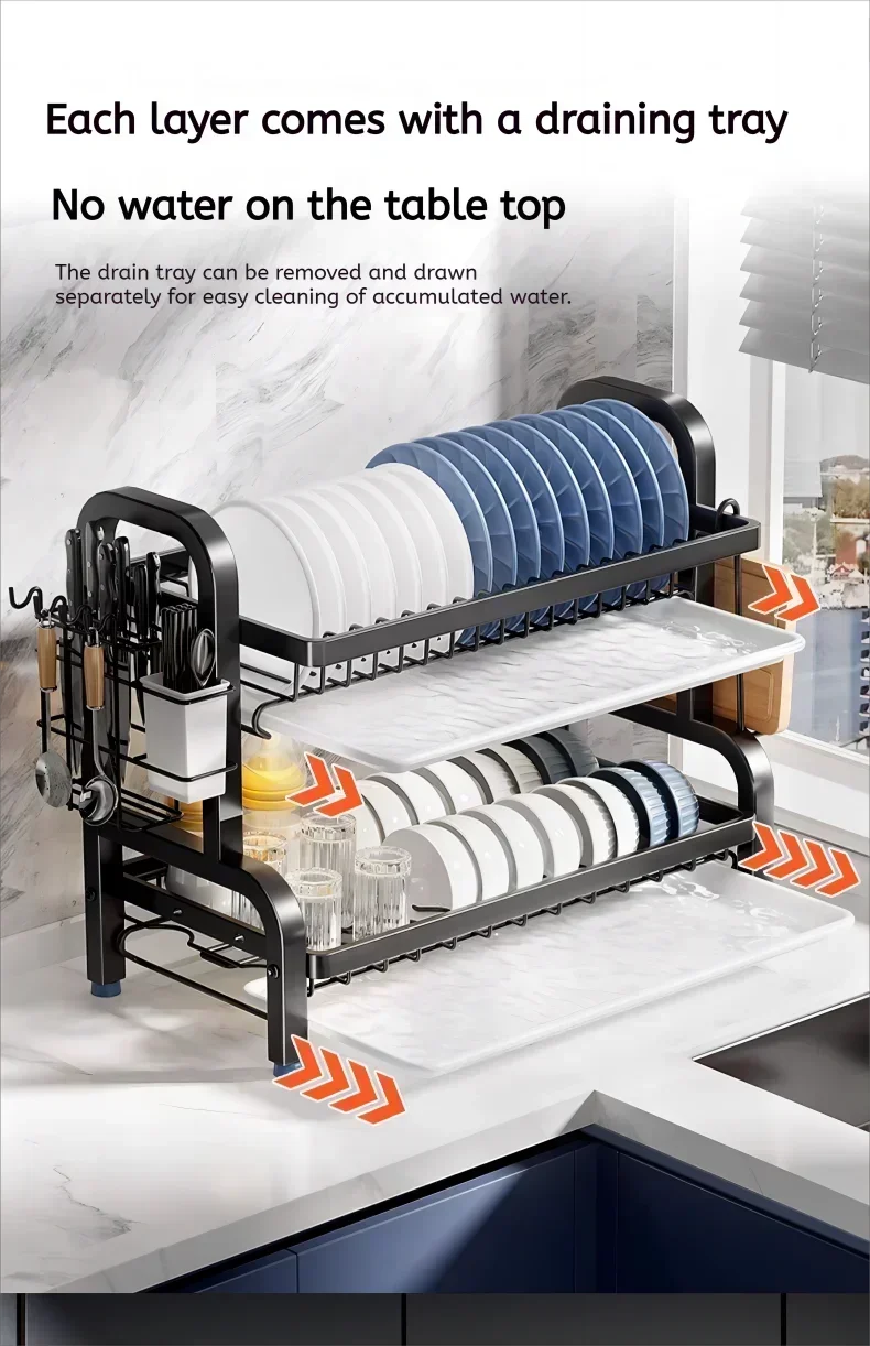 Stainless Steel Dish Rack 2-Tier, Drainboard & Utensil Holder