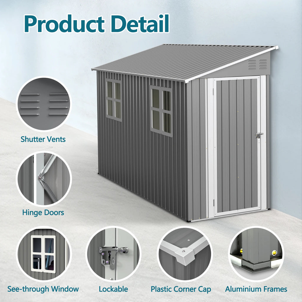 4x10 FT Galvanized Steel Shed, Lockable Storage, Windows