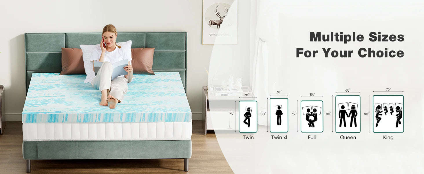 2-3 Inch Gel Memory Foam Mattress Topper, Cooling, Breathable