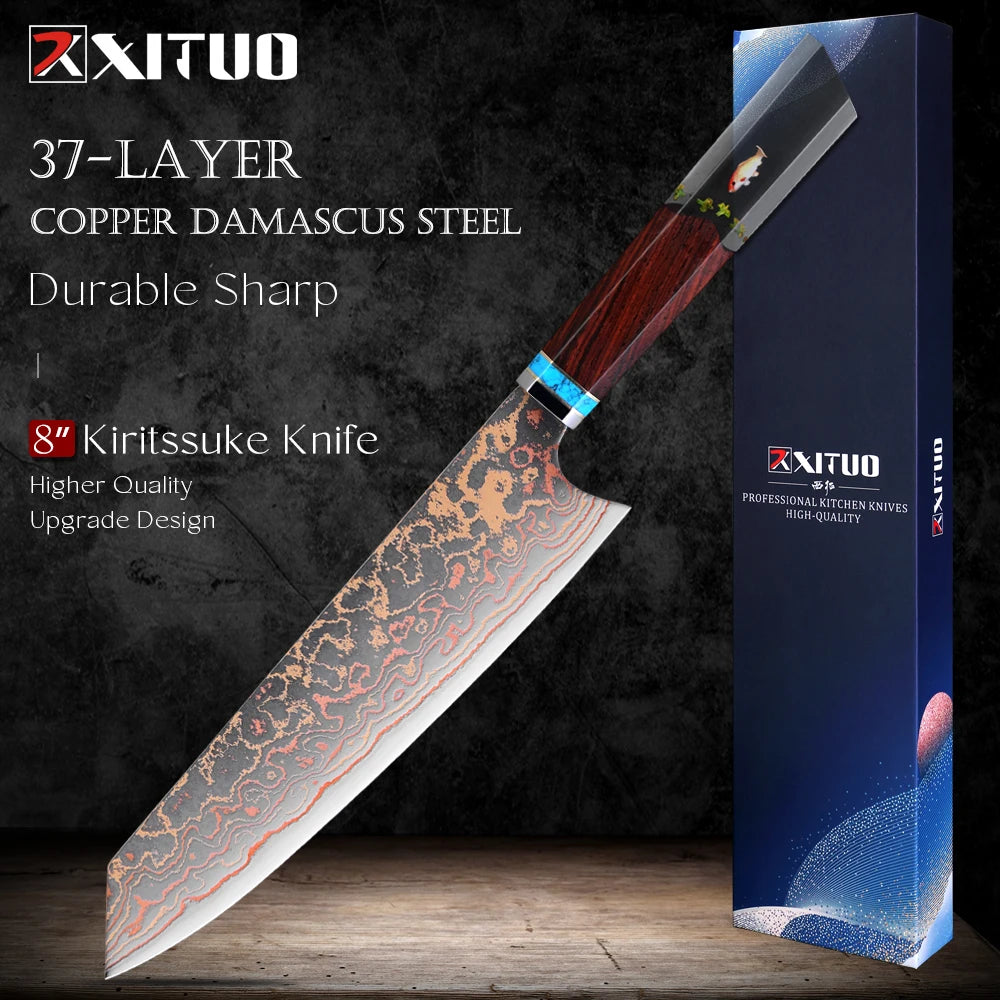 8 Inch Chef Knife 37 Layers Tricolor Copper Damascus Steel