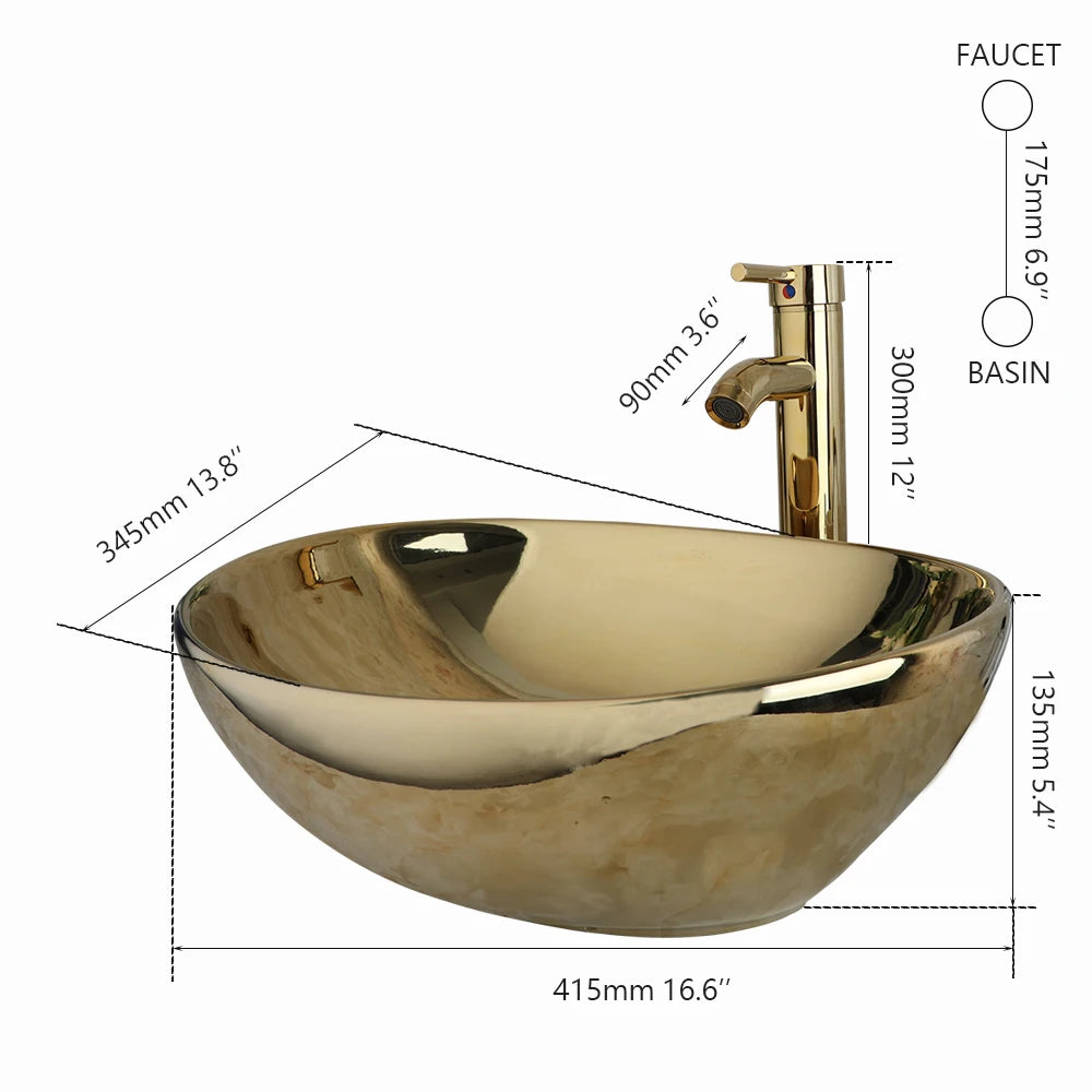 Large Gold Vessel Sink with Faucets, Drain