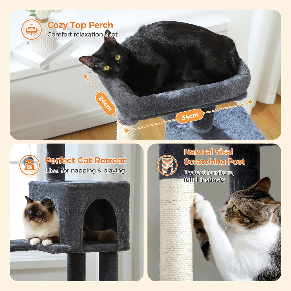 5-Level Cat Tree 113cm Cat Tower with Top Perch,Soft Condo,Natural Sisal Scratching Post,Attractive Pompom,Anti-tip kit,Hammock