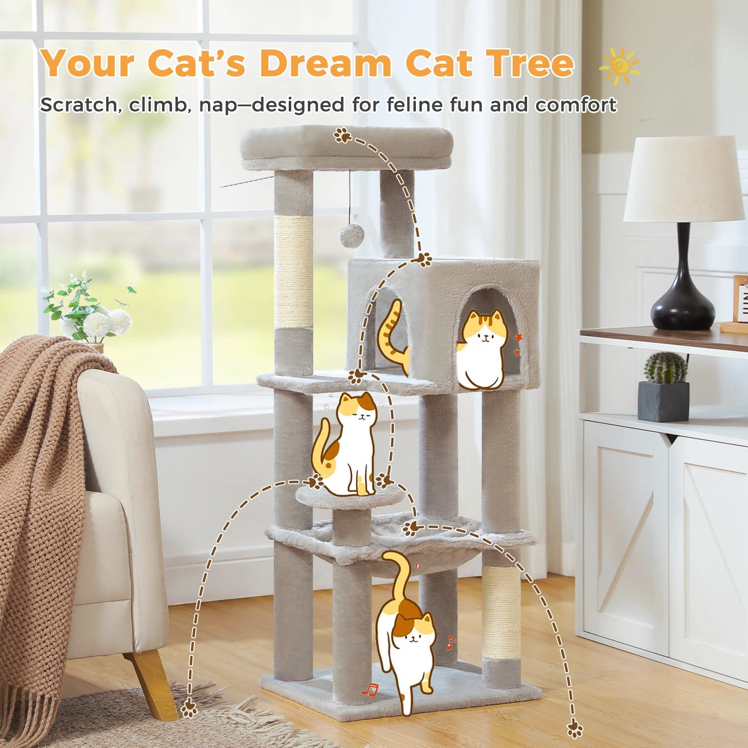5-Level Cat Tree 113cm Cat Tower with Top Perch,Soft Condo,Natural Sisal Scratching Post,Attractive Pompom,Anti-tip kit,Hammock