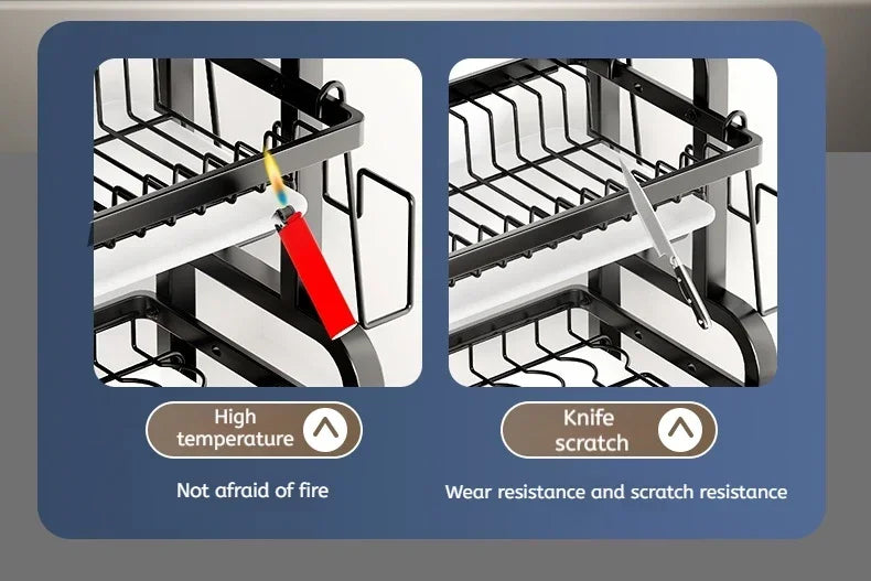 2-Tier Large Dish Drying Rack with Drainboard and Utensil Holder Rust-Proof Compact Kitchen Dish Drainer for Countertop Kitchen