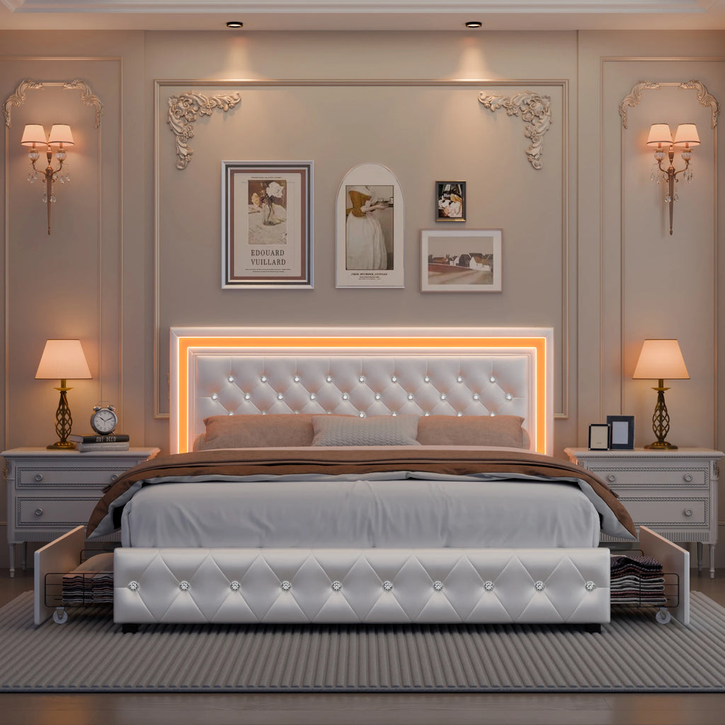 Queen Platform Bed Frame, 4 Drawers, LED Headboard