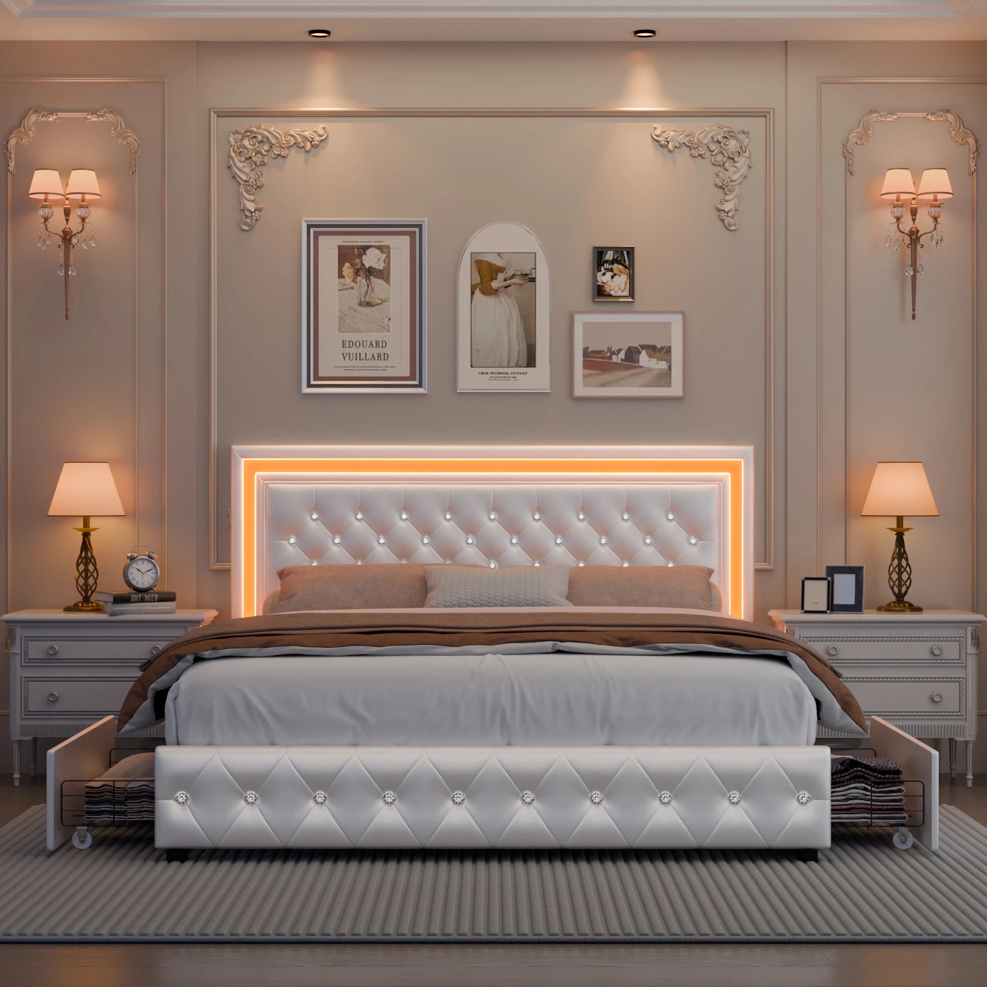 Queen Platform Bed Frame, 4 Drawers, LED Headboard