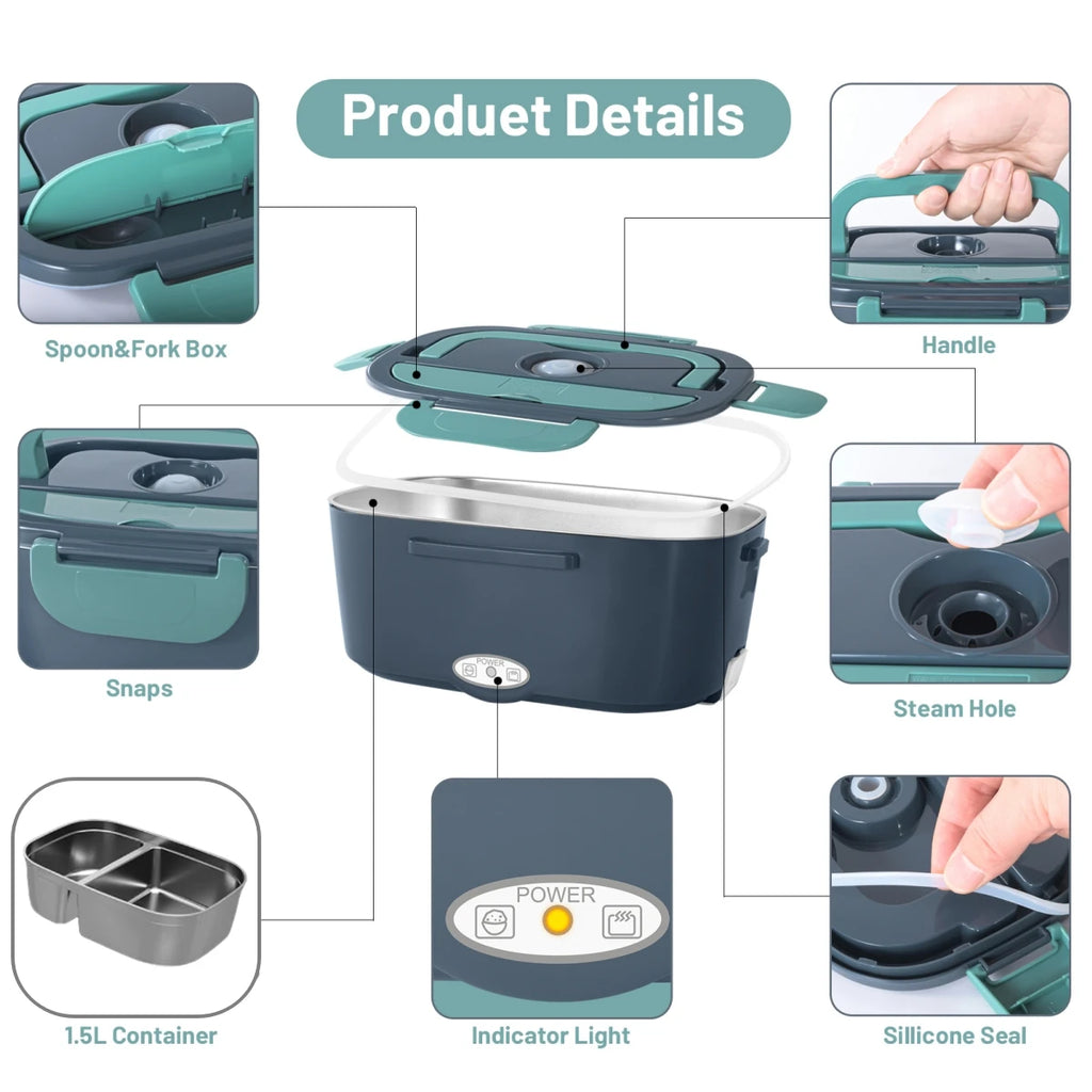Heated Lunch Box. Dual Stainless Steel Containers, Portable