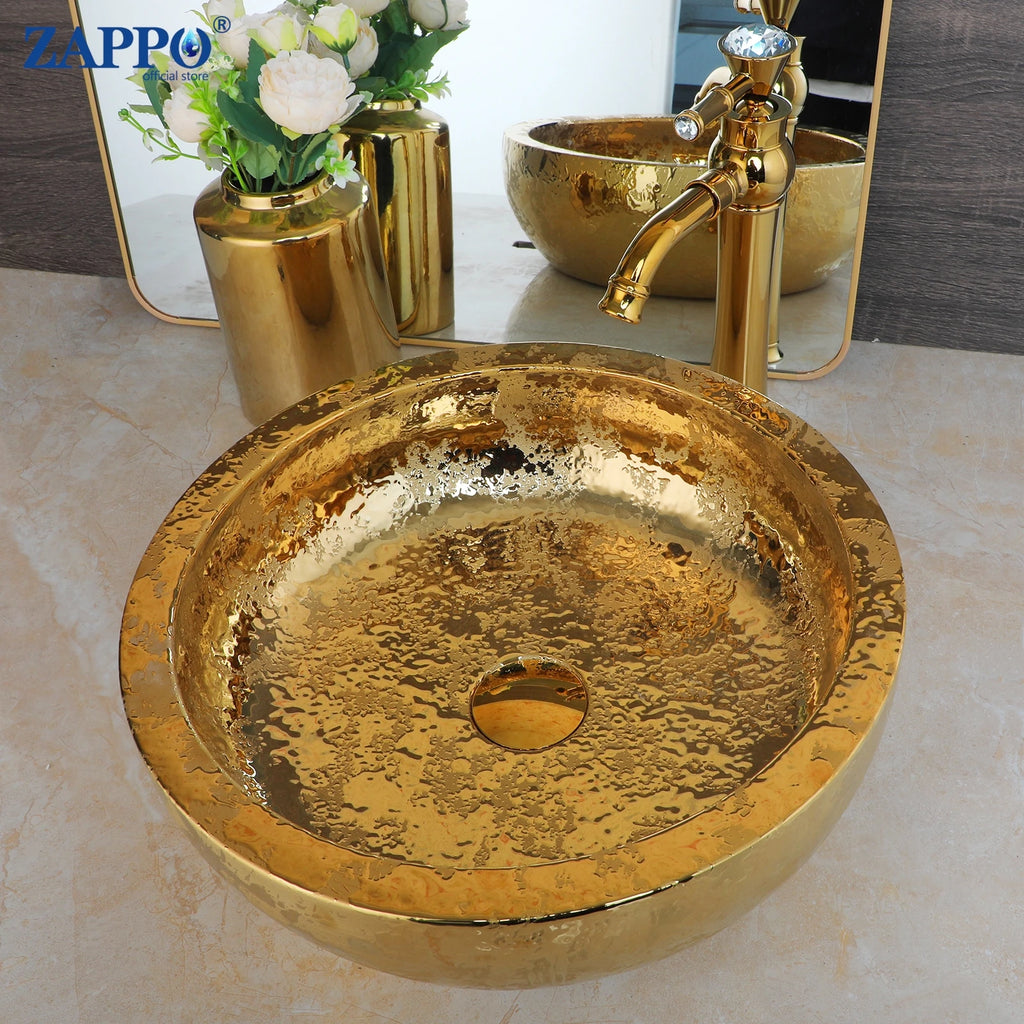 15" Gold Vessel Sink with Faucet, Drain