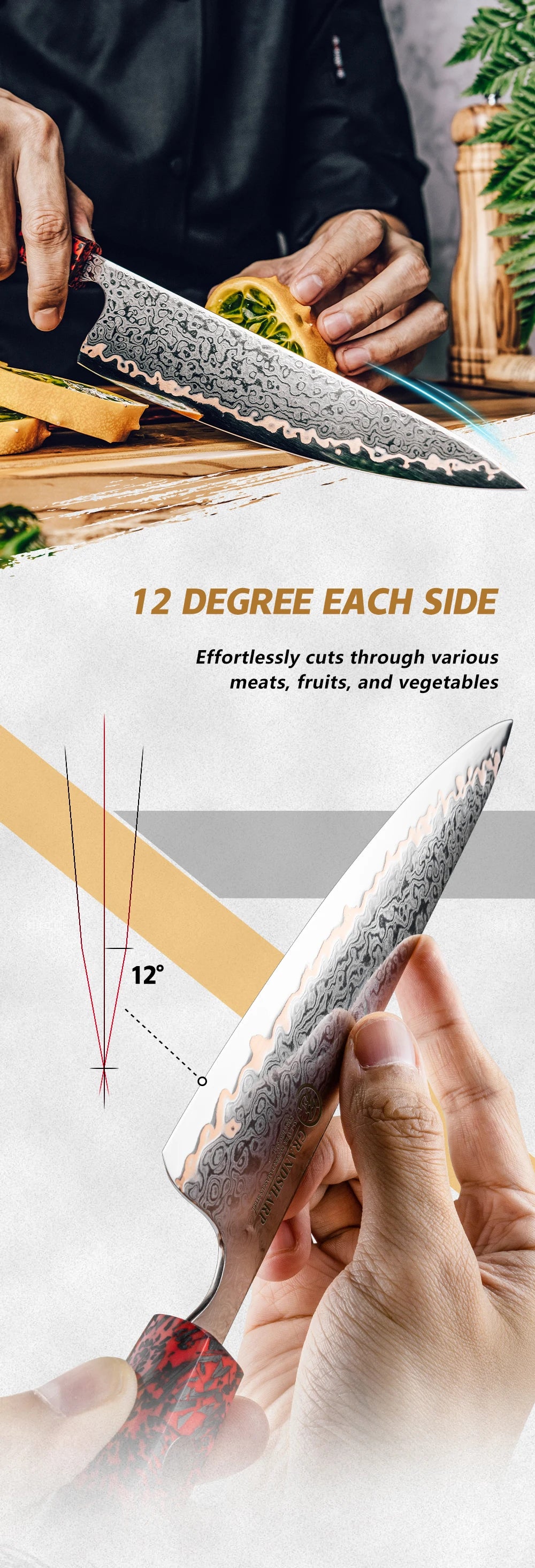 1-7PCS 55 Layers Copper Damascus Steel Chef Knife