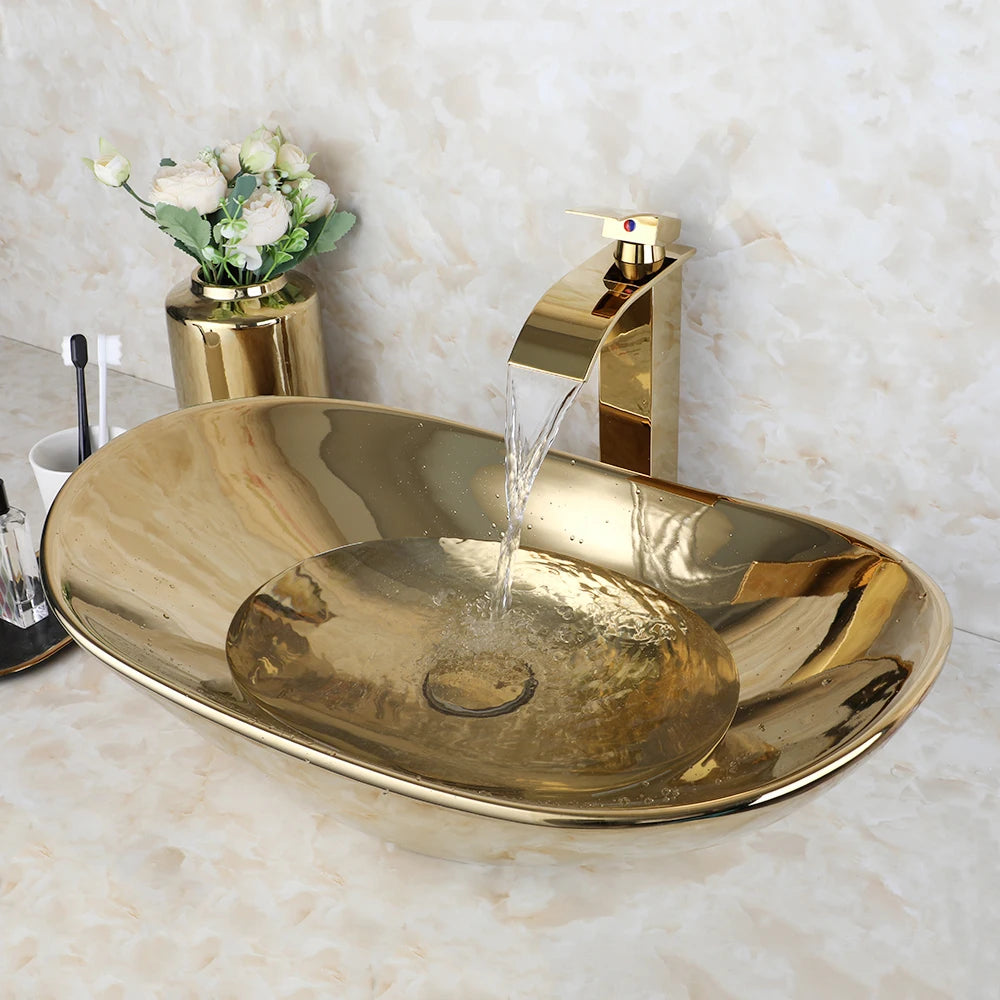 Large Gold Vessel Sink with Faucets, Drain
