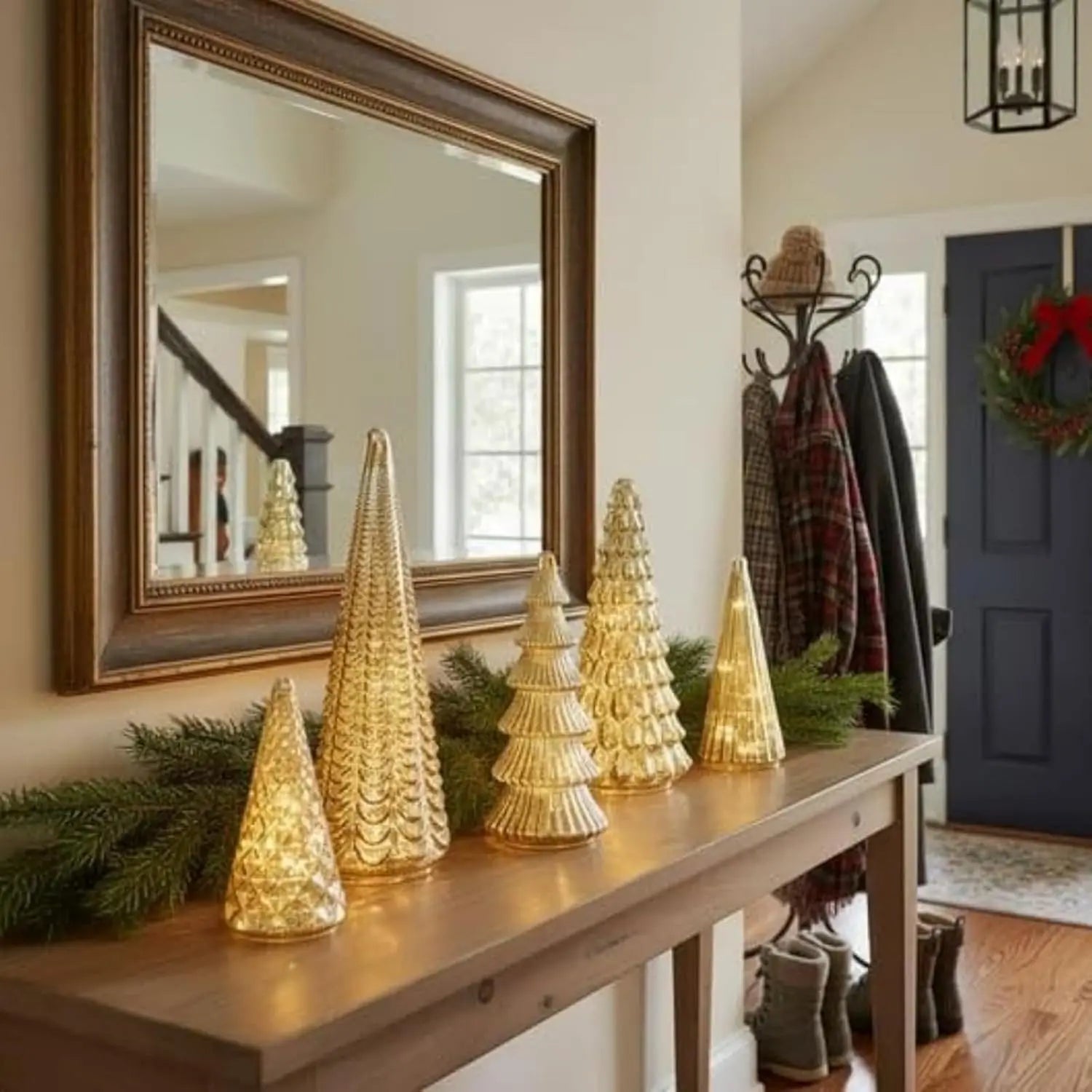 Set of 5 LED Christmas Trees, Gold, Silver