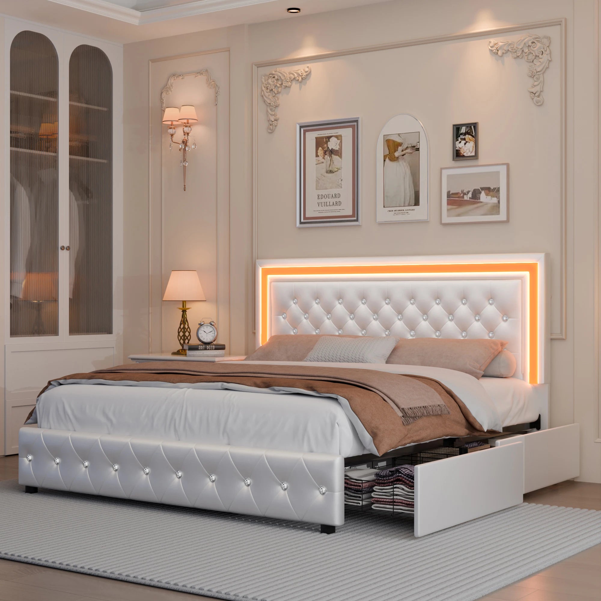 Queen Platform Bed Frame, 4 Drawers, LED Headboard
