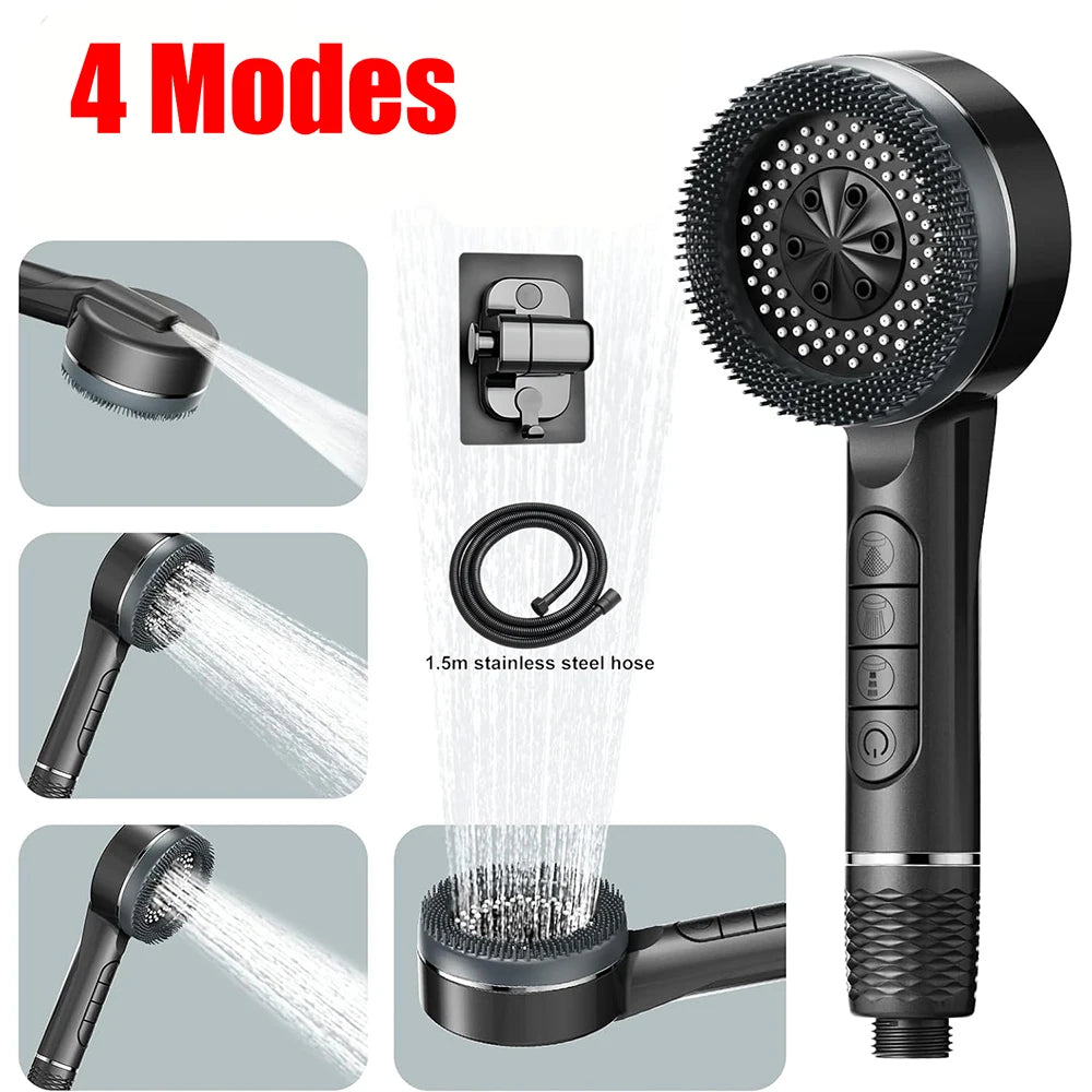 4 Modes Shower Head, Silicone Brush, High Pressure, Filter