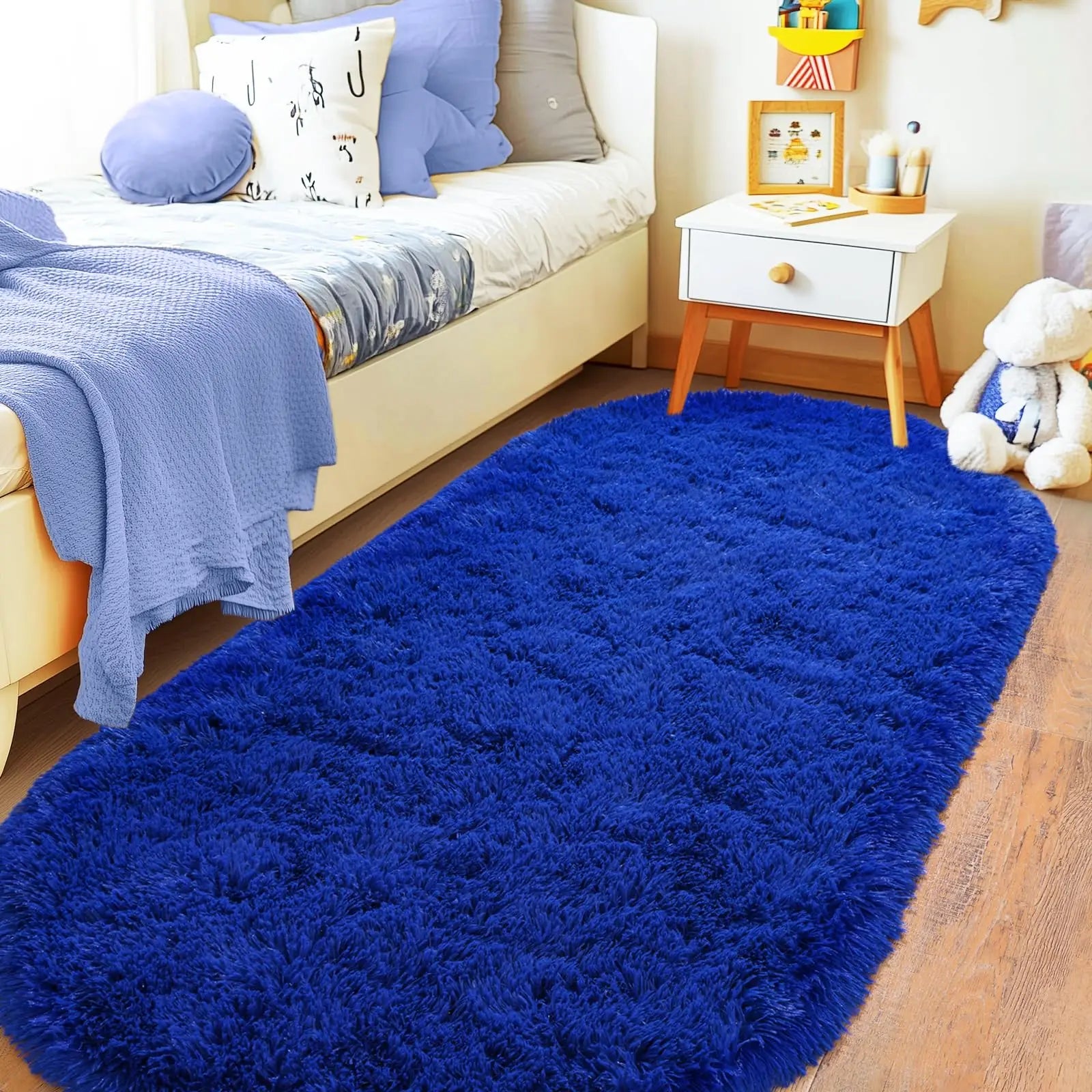 Oval Fluffy Plush Bedside Rugs, Moisture-Proof