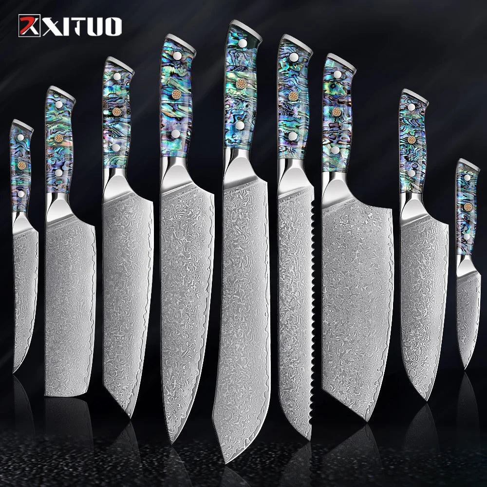 1-9 Pc. Damascus Steel Kitchen Knives Set Abalone Handle