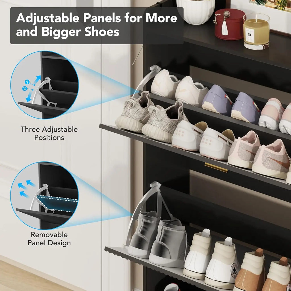 Shoe Cabinet for 24 Pairs with 2 Flip Drawers & Coat Hooks