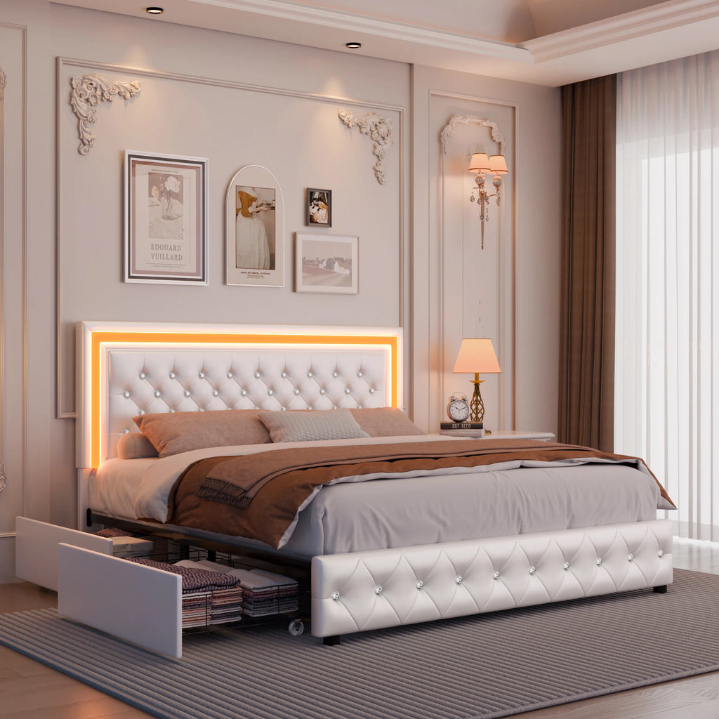 Queen Platform Bed Frame, 4 Drawers, LED Headboard