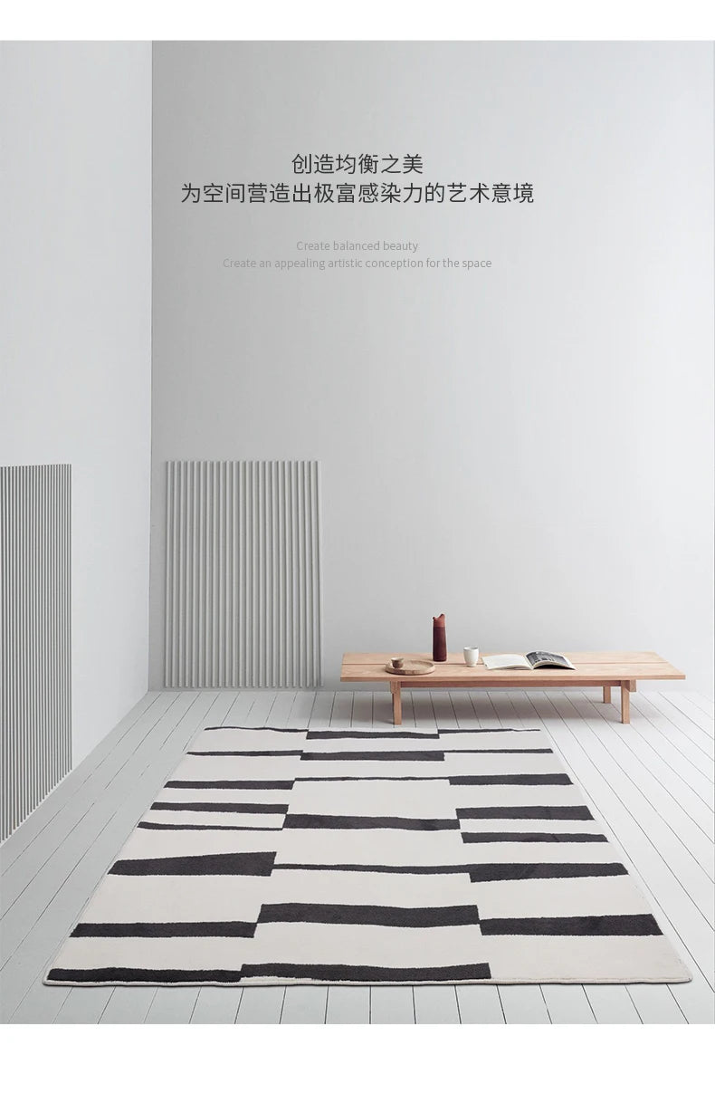 Fluffy, Soft, Plush Rugs, Black, White Lines, Washable