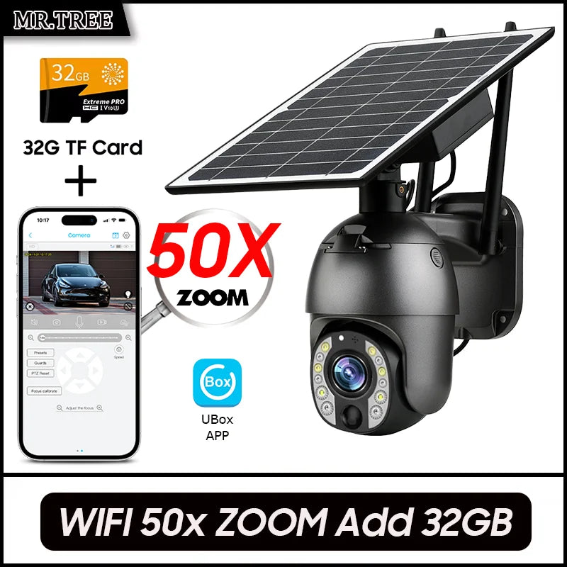 Solar Outdoor Surveillance Camera, 50X Zoom, Humanoid Tracking