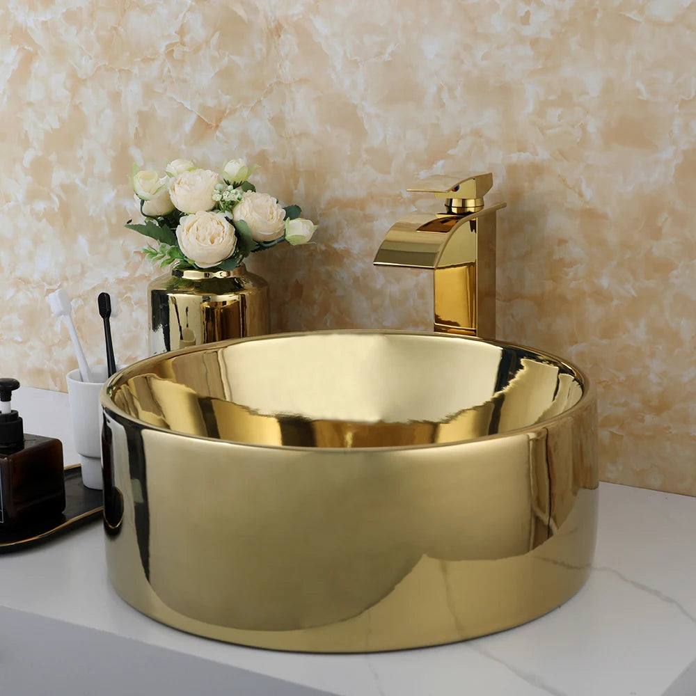 Large Gold Vessel Sink with Faucets, Drain