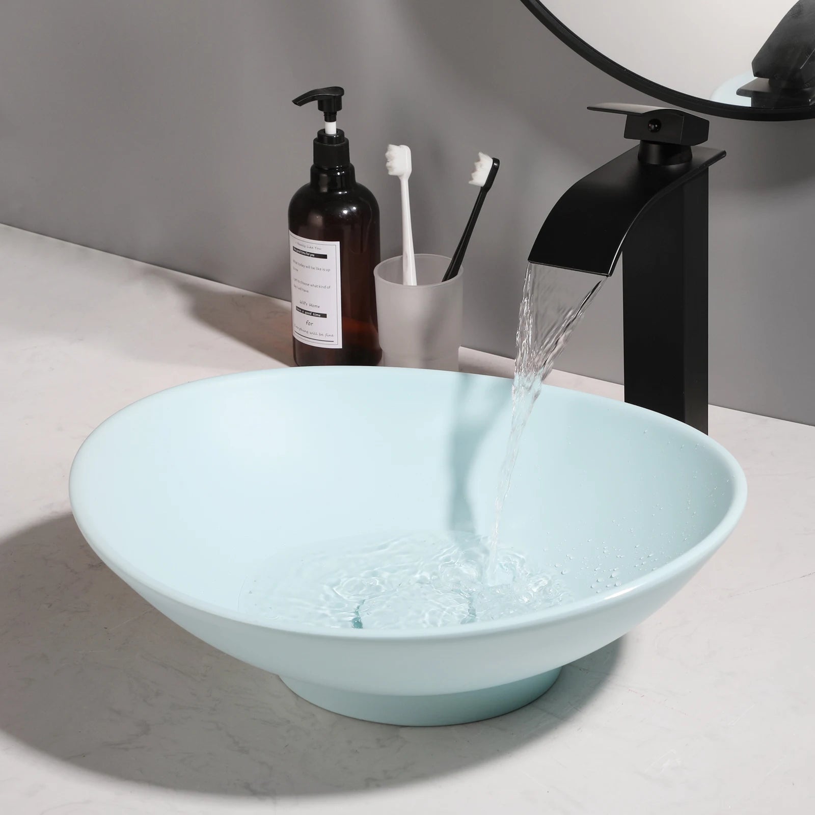 Blue Vessel Sink Deck Mounted, One Handle Faucet, Drain Set