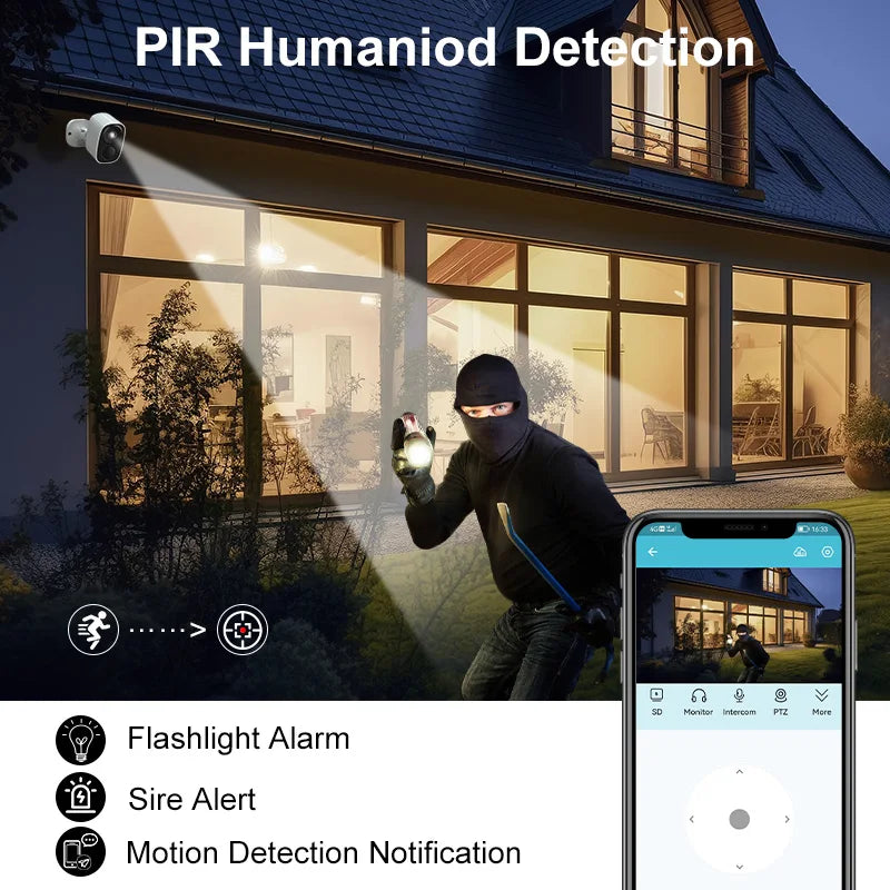 Wireless Solar-Powered Security Camera, PIR Motion Alarm