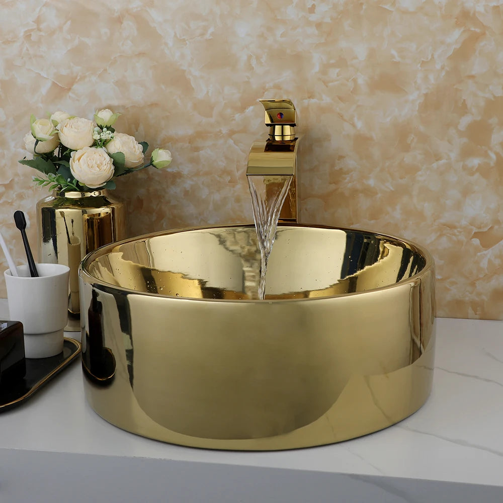 Large Gold Vessel Sink with Faucets, Drain