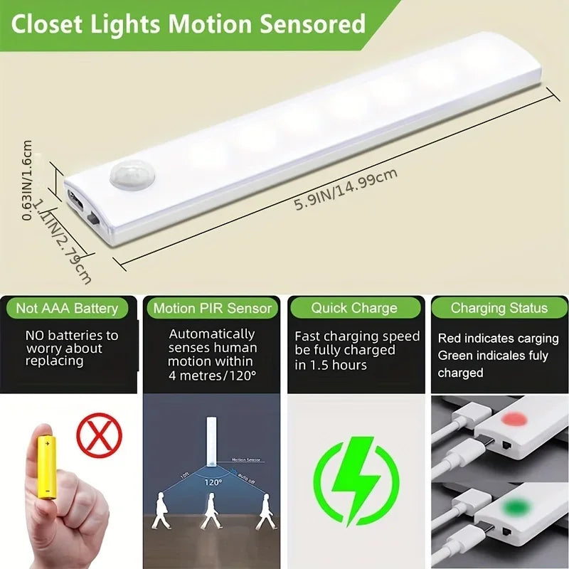 6 Pack Motion Sensor Light Indoor USB-C Rechargeable