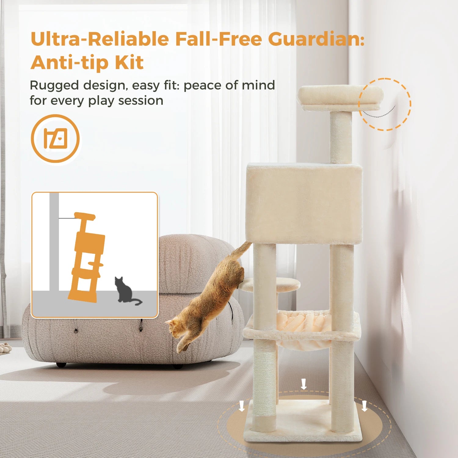 5-Level Cat Tree 113cm Cat Tower with Top Perch,Soft Condo,Natural Sisal Scratching Post,Attractive Pompom,Anti-tip kit,Hammock