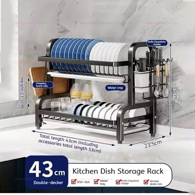2-Tier Large Dish Drying Rack with Drainboard and Utensil Holder Rust-Proof Compact Kitchen Dish Drainer for Countertop Kitchen