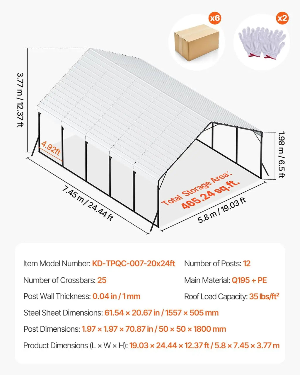 20x24 ft Metal Carport, Removable PE Sidewalls