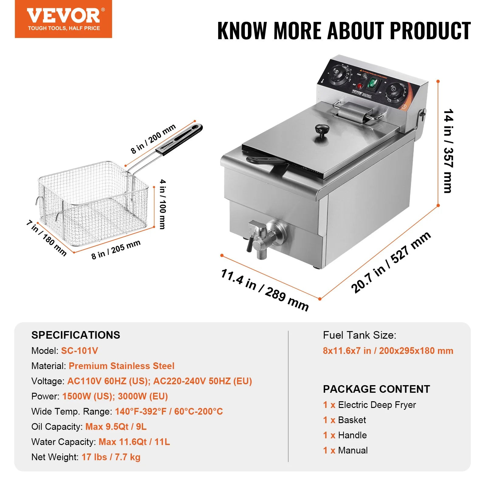 Countertop Fryer, Stainless Steel Basket, Time & Temp Control