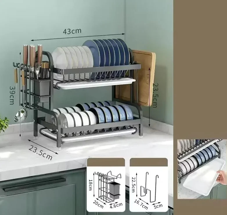 Stainless Steel Dish Rack 2-Tier, Drainboard & Utensil Holder